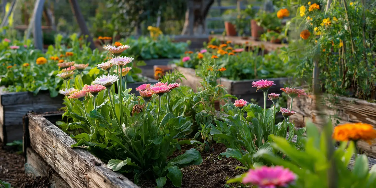 Gerbera daisies in raised beds, vegetable garden, summer bloom.