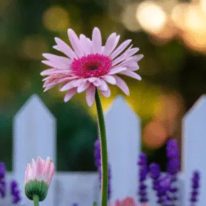 Pink gerbera daisy in garden setting.