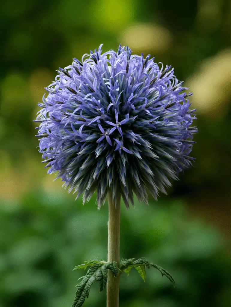 Globe thistle close-up, violet sphere, single sturdy stem.
