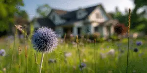 Spherical blue globe thistle flower head on a tall stem in a meadow before a house