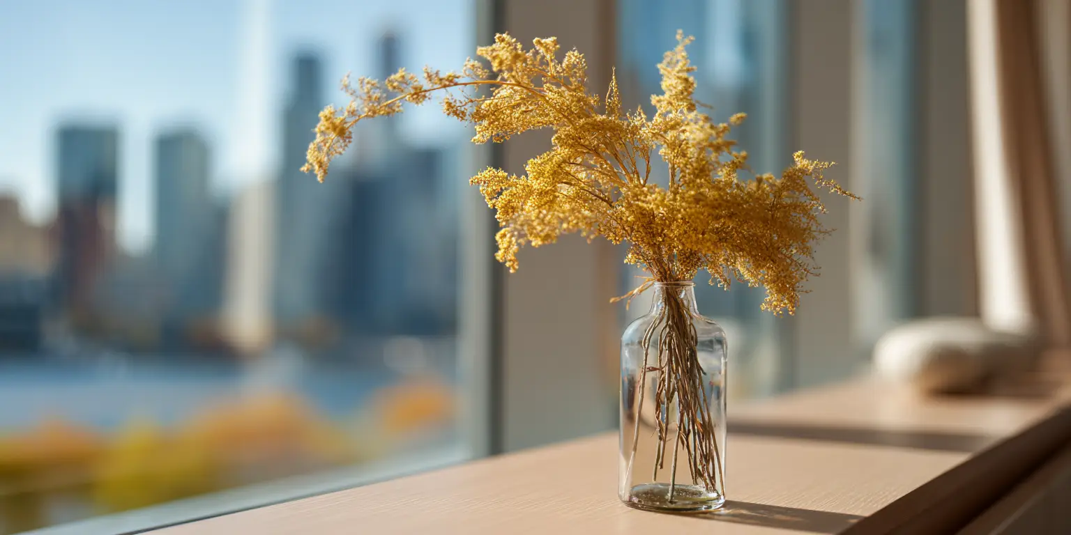 Dried goldenrod in glass vase, city skyline background.