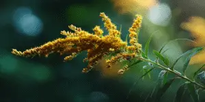 Goldenrod branch, fresh buds and blooms, backlit evening light.