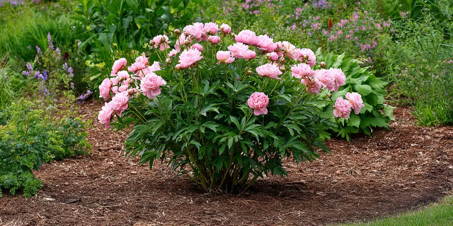 Peony shrub in landscape bed, many pink blossoms.