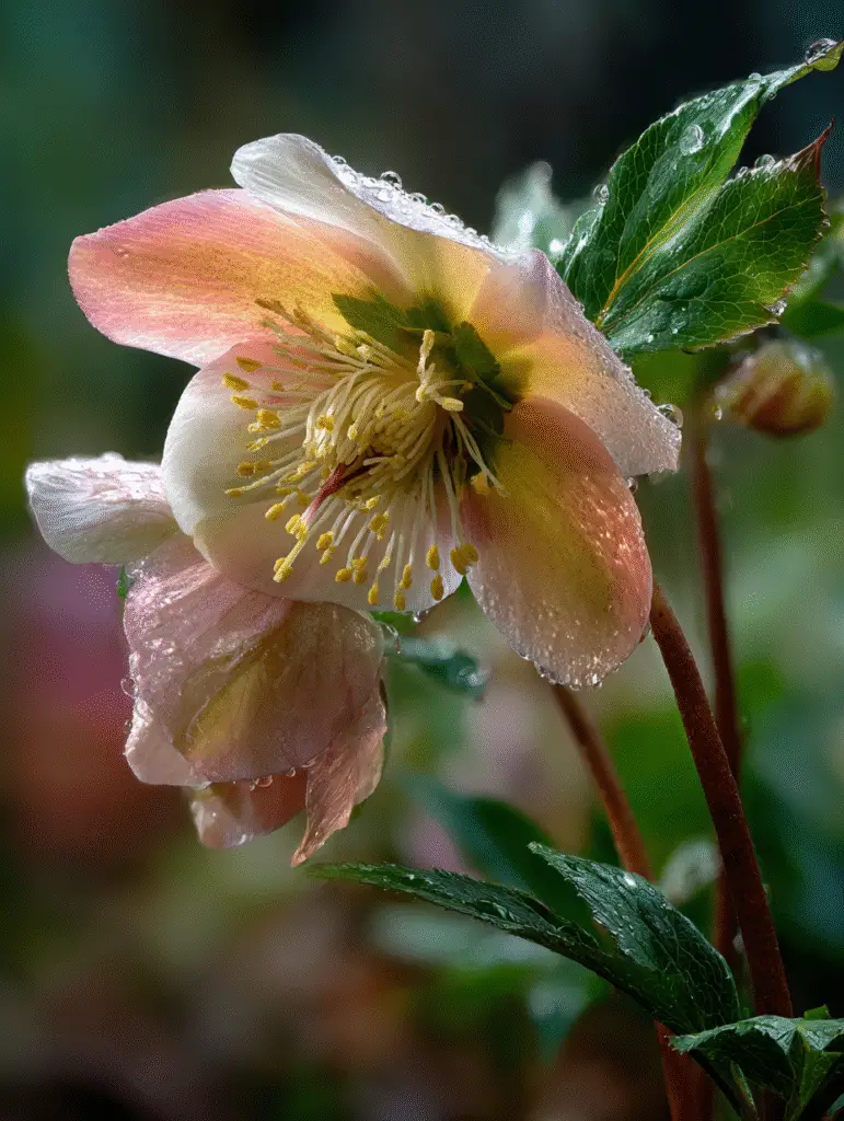 Hellebore bloom with dew, pale pink petals, golden stamens.