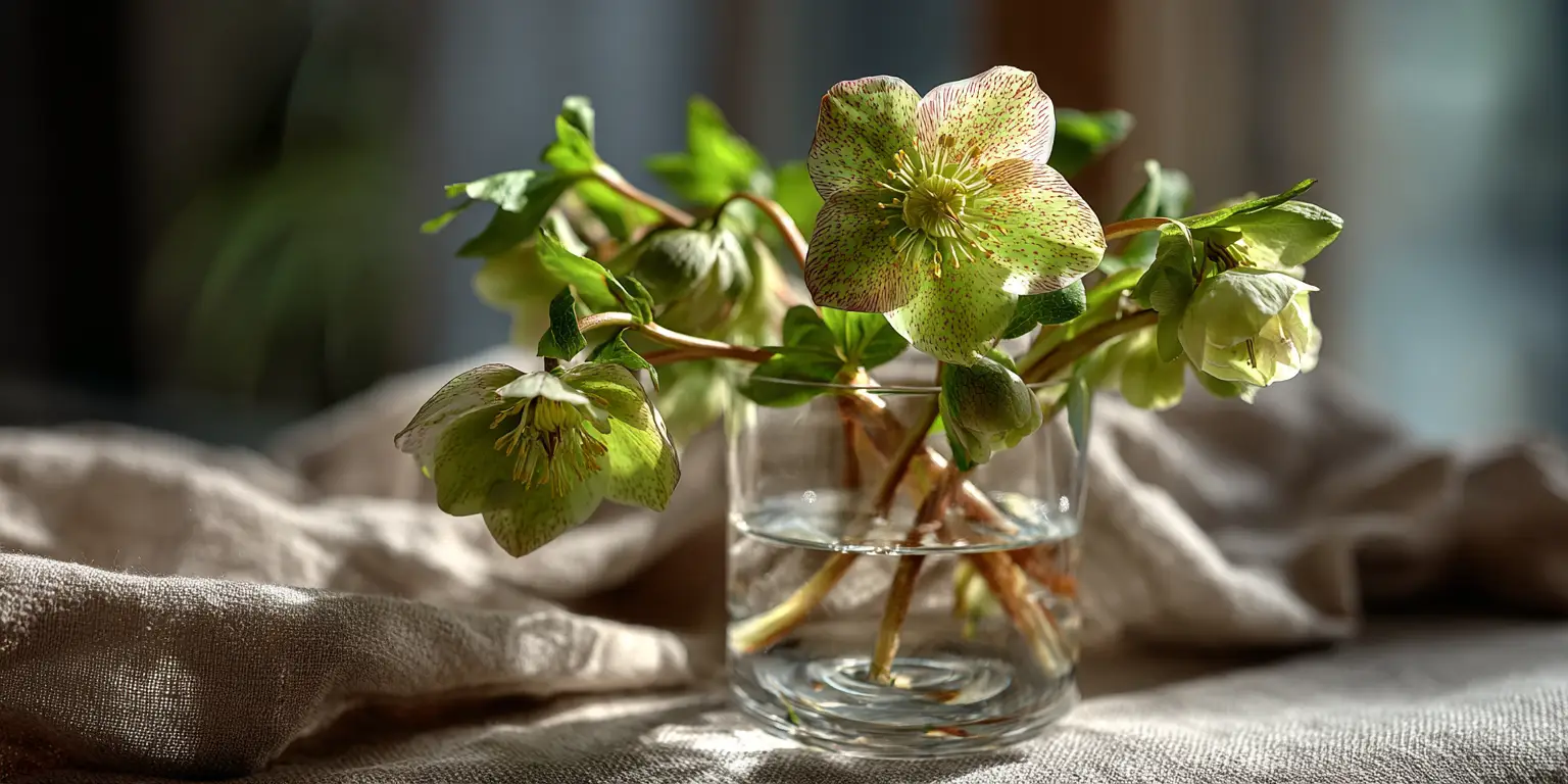 Cut hellebores in glass, green speckled petals, sunlight.