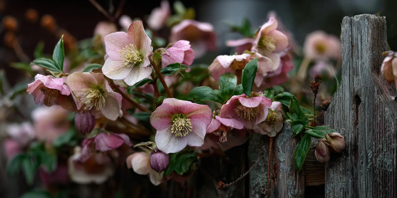 Hellebores cascading over rustic fence, mottled pink flowers.
