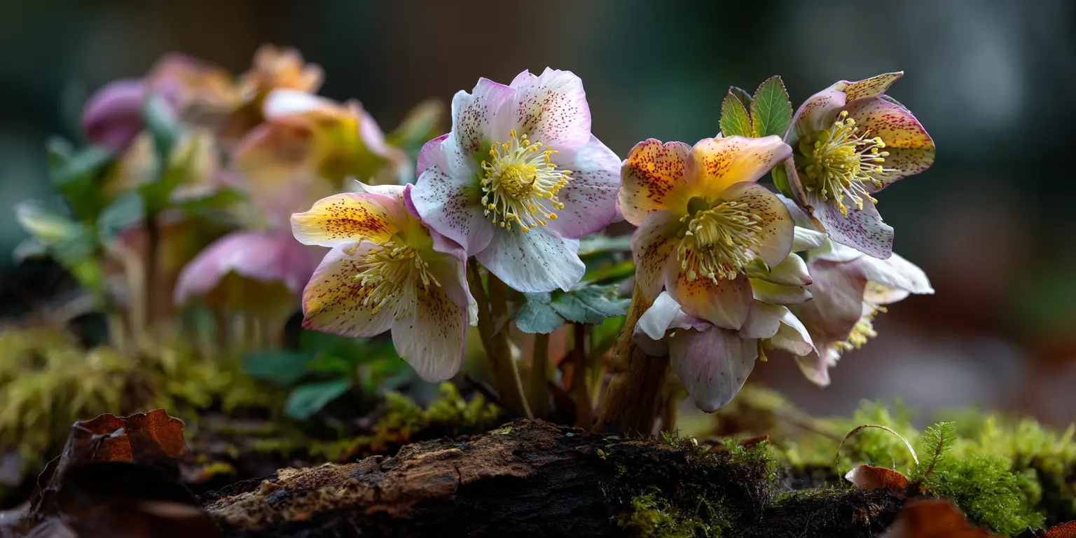 Cluster of hellebores on mossy log, speckled blossoms.