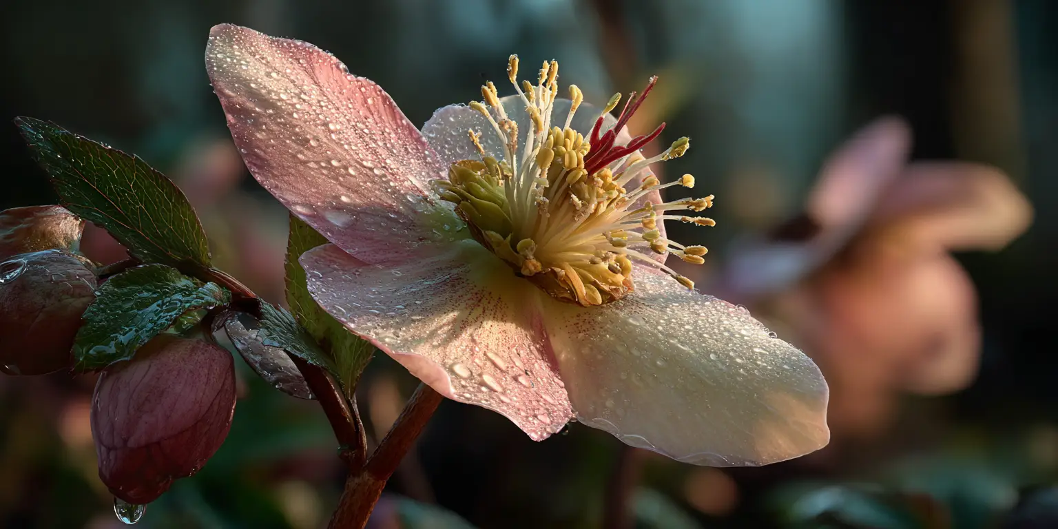Single hellebore flower with raindrops, open stamens.