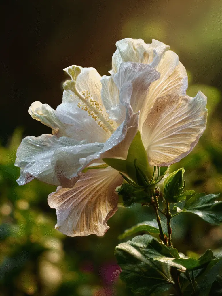 White hibiscus macro, ruffled petals with dew, golden stamens.