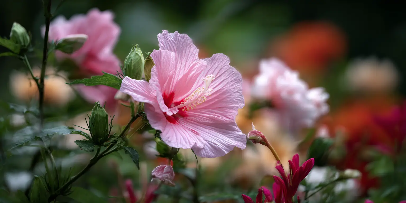 Pale pink hibiscus with red eye, unopened buds.