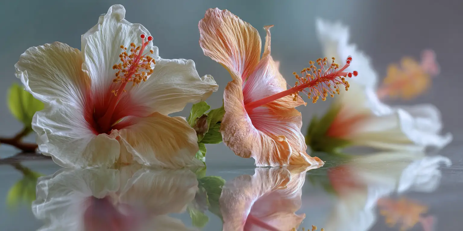 Cream hibiscus blossoms on glass, mirrored reflections, red throats.