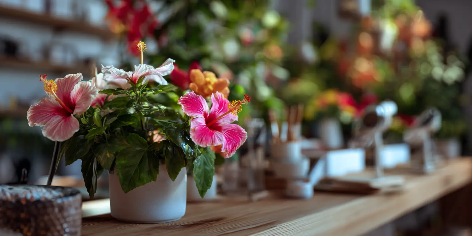 Potted hibiscus in flower shop, vibrant pink blooms.