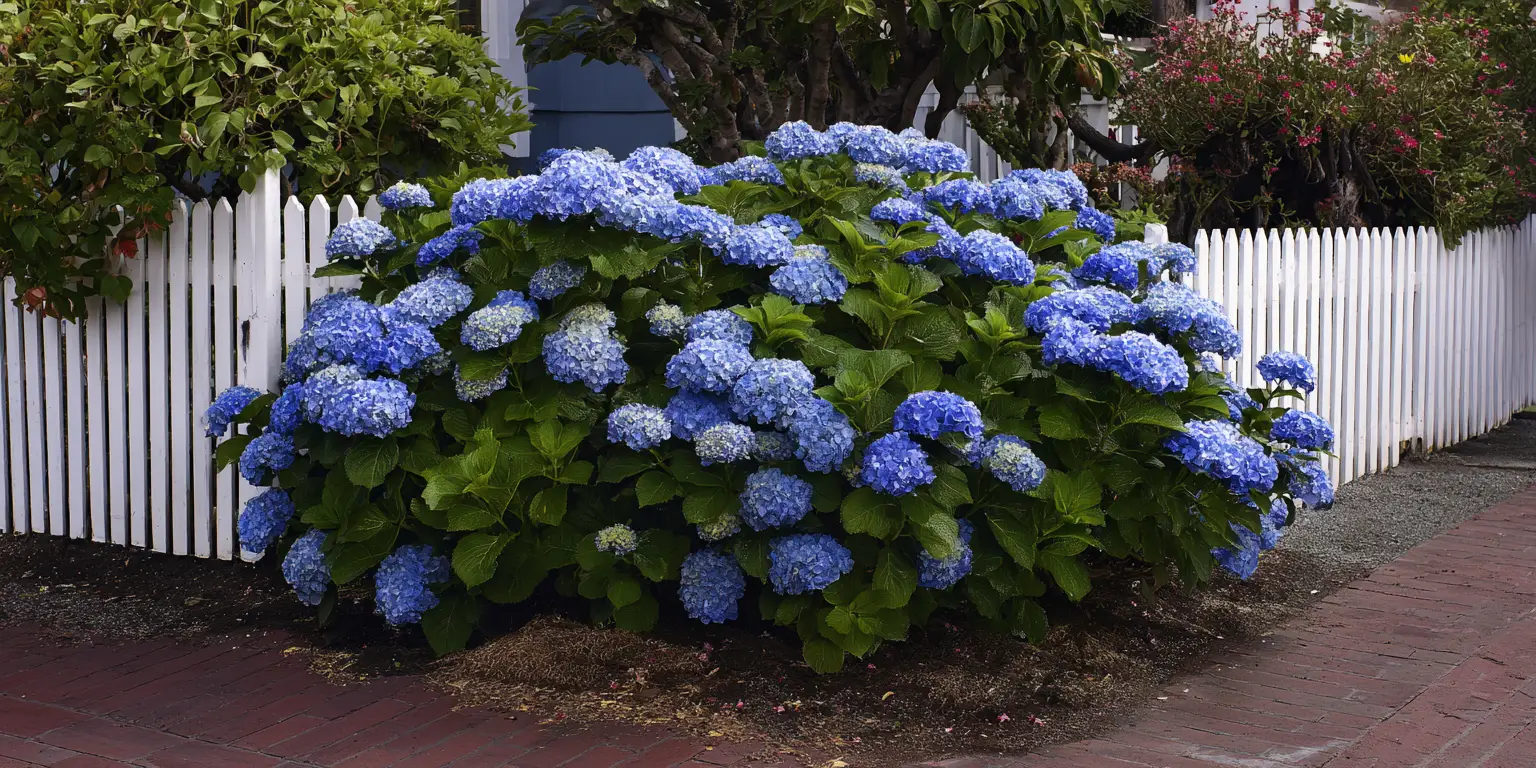 Bigleaf hydrangea hedge by white picket fence, blooming.