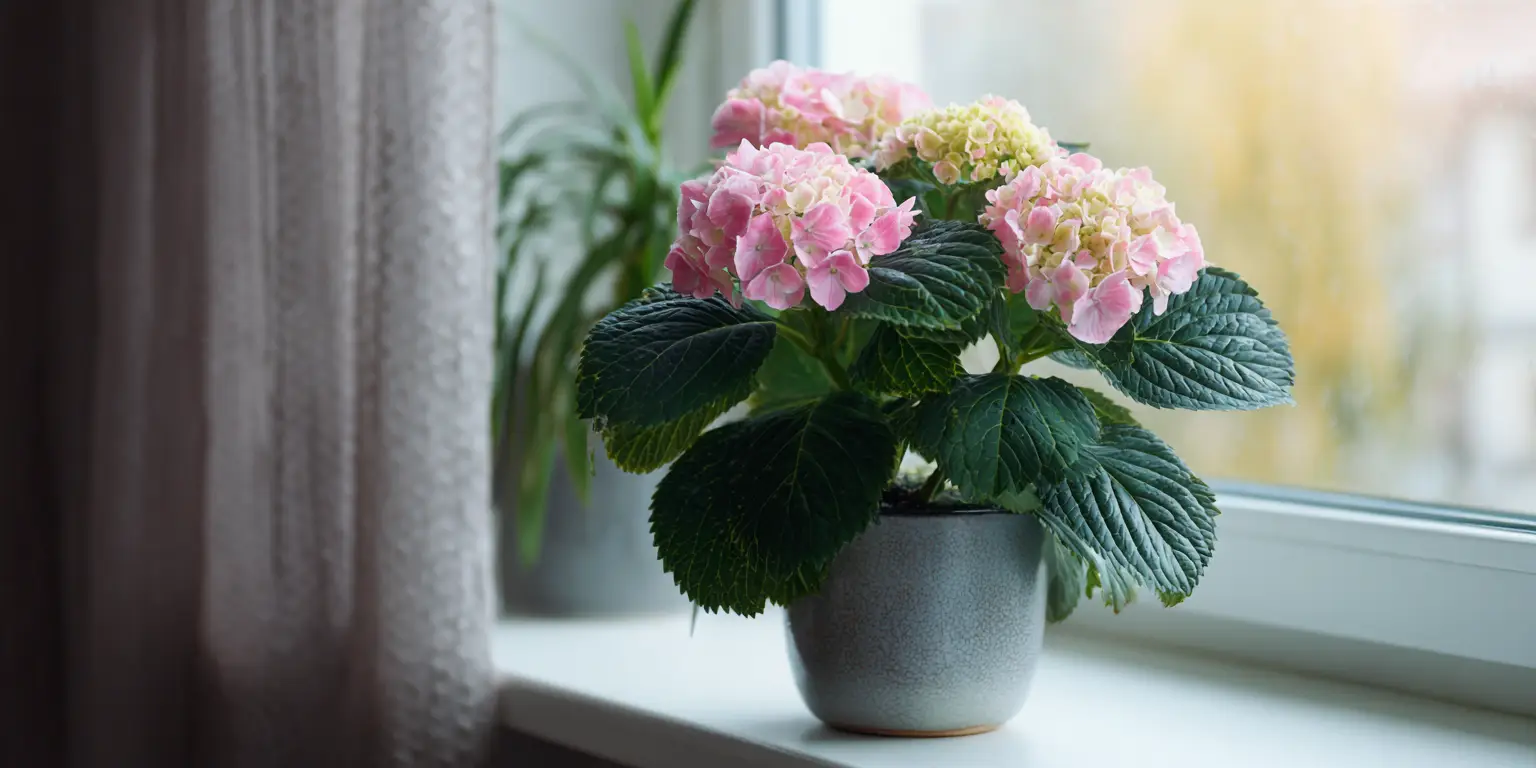 Potted pink hydrangea on windowsill, dark textured leaves.