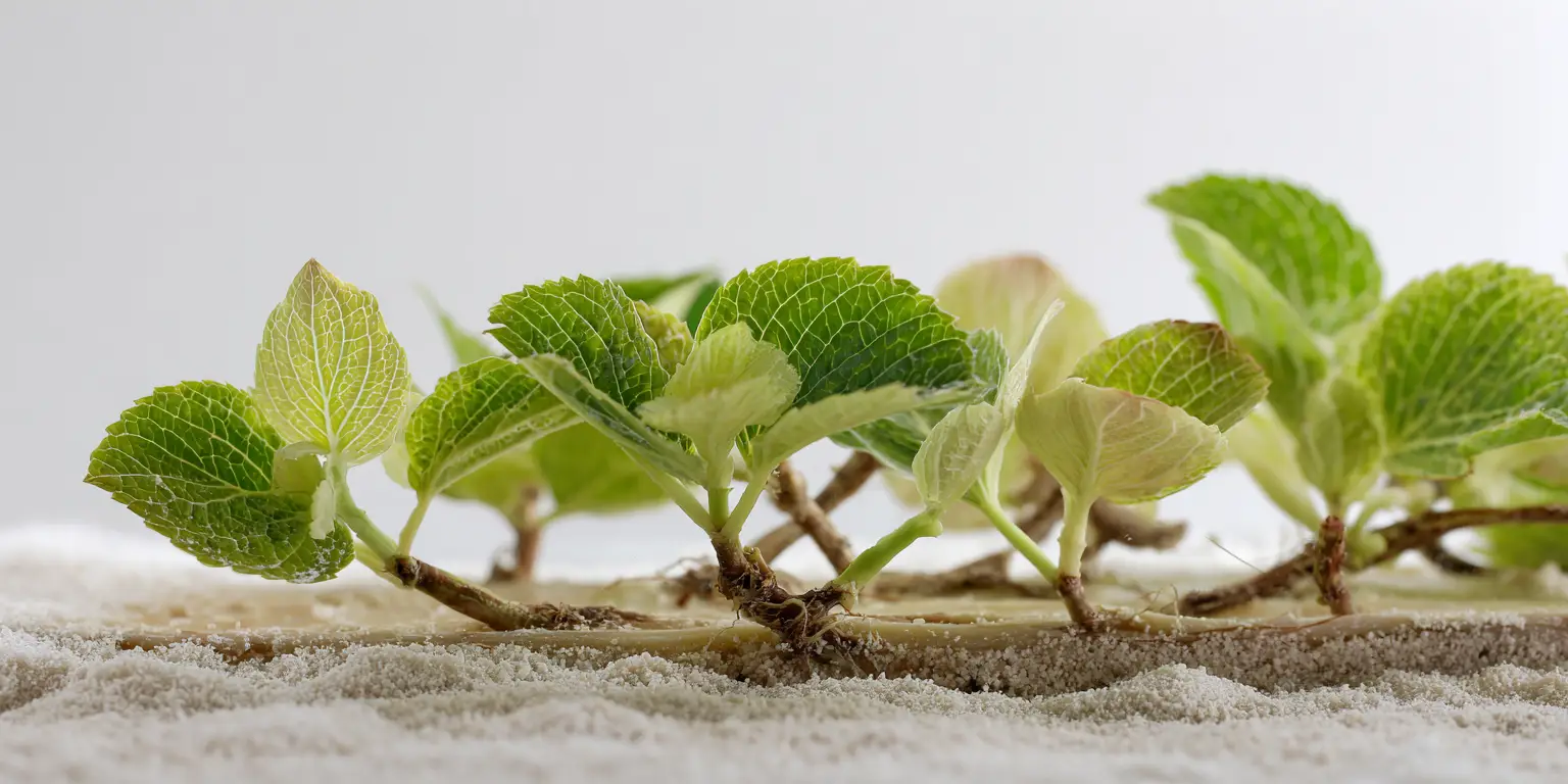 Hydrangea stem cuttings rooting in sand, propagation.