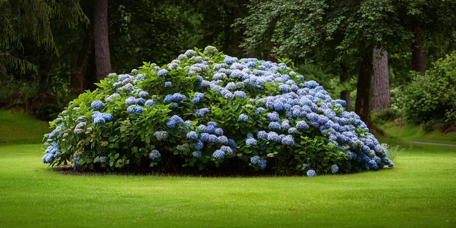 Large blue hydrangea mound in park lawn, summer.