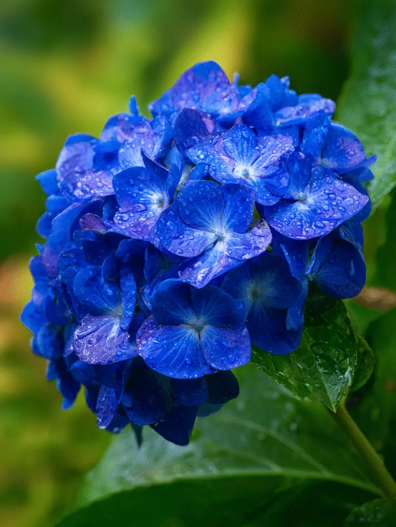 Blue hydrangea bloom with raindrops, macro close-up