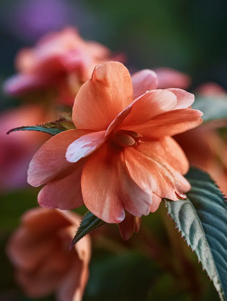 New Guinea impatiens close-up, coral petals, serrated leaves.