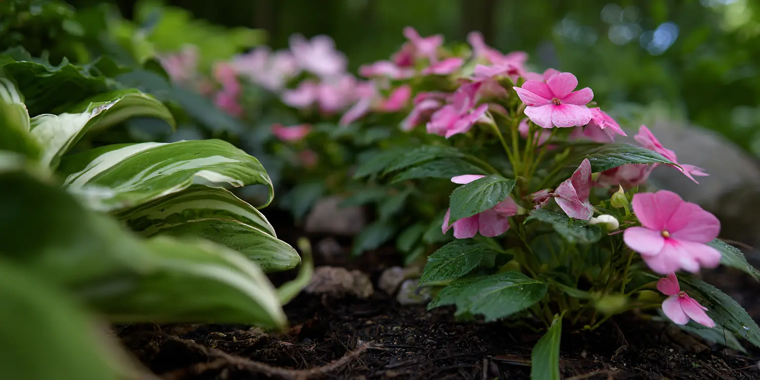Pink New Guinea impatiens under hostas, fresh raindrops.