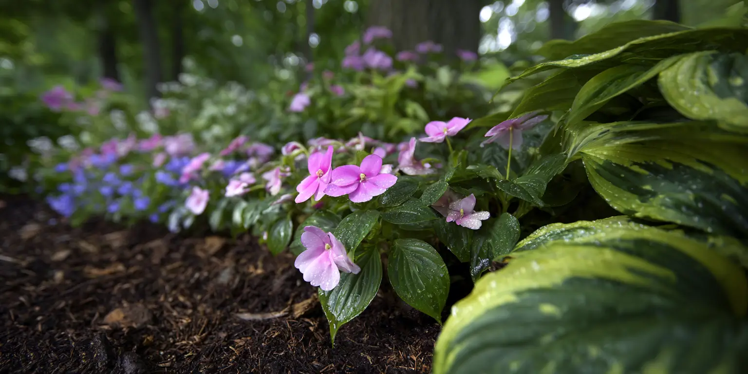 Pink New Guinea impatiens groundcover, dewy leaves, woodland edge.