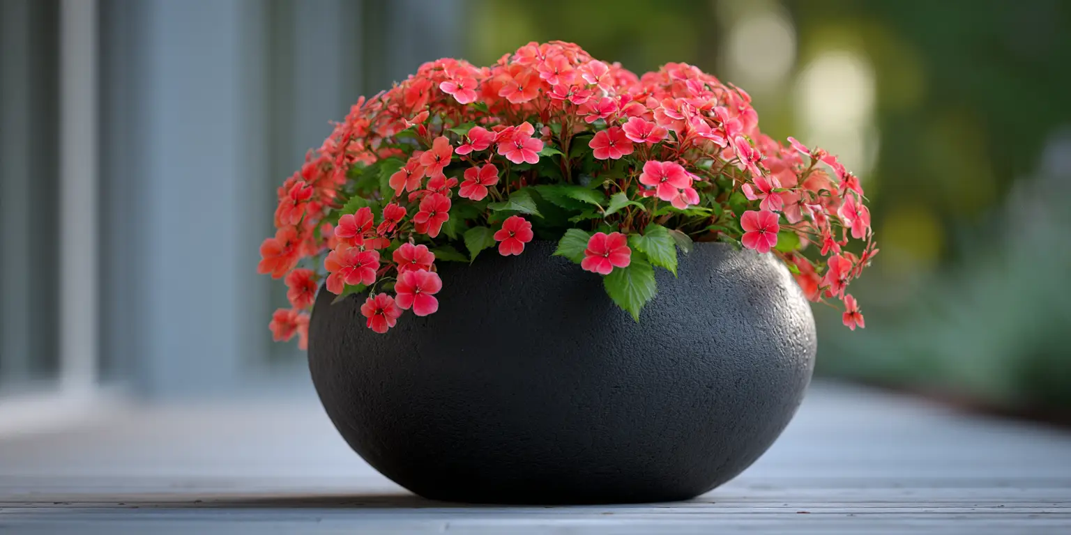 New Guinea impatiens in black bowl planter, dense coral flowers.