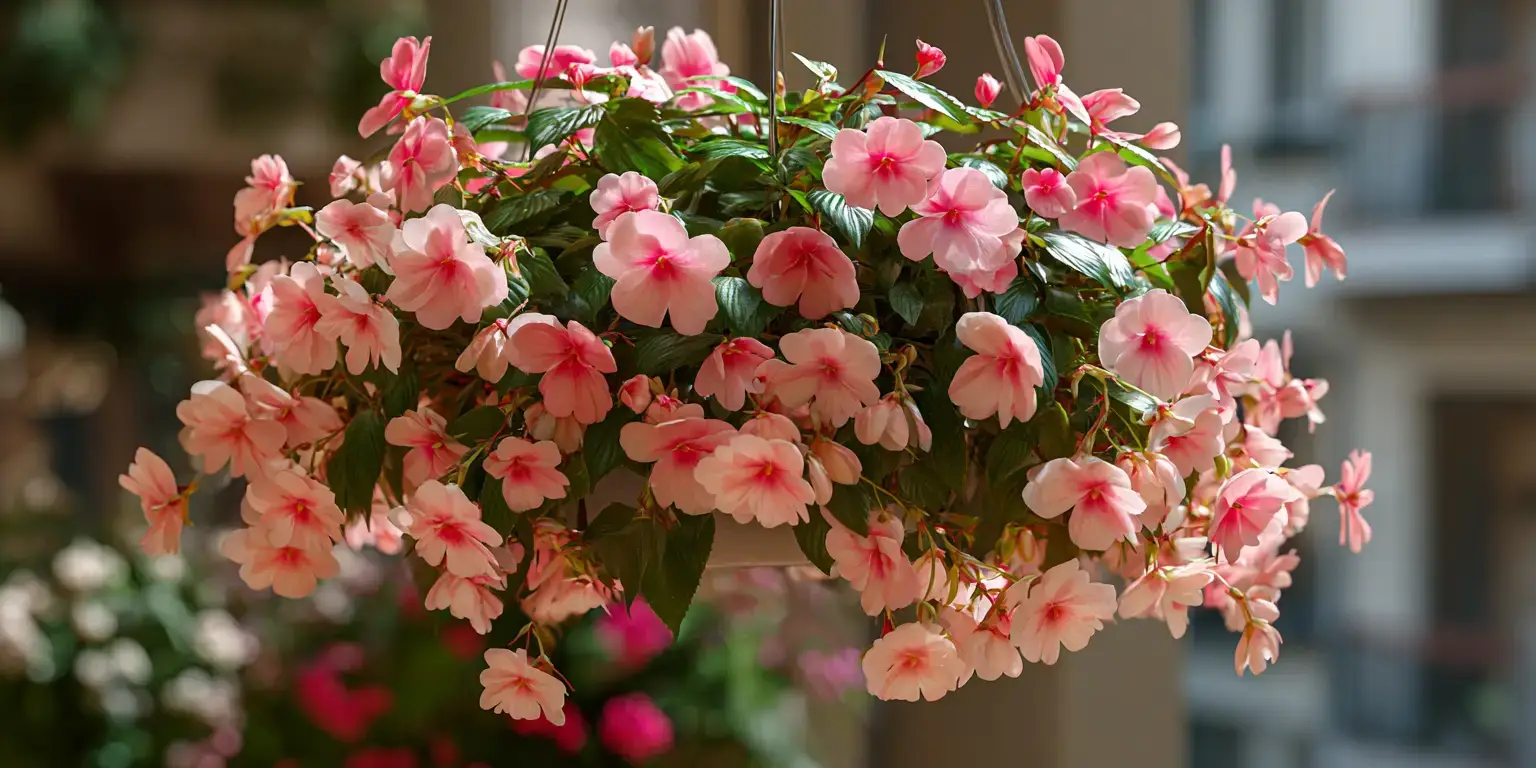 Hanging basket overflowing with pink impatiens flowers and green foliage on a balcony