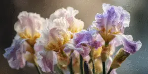 Pale bearded irises, pastel ruffles, multiple buds opening.