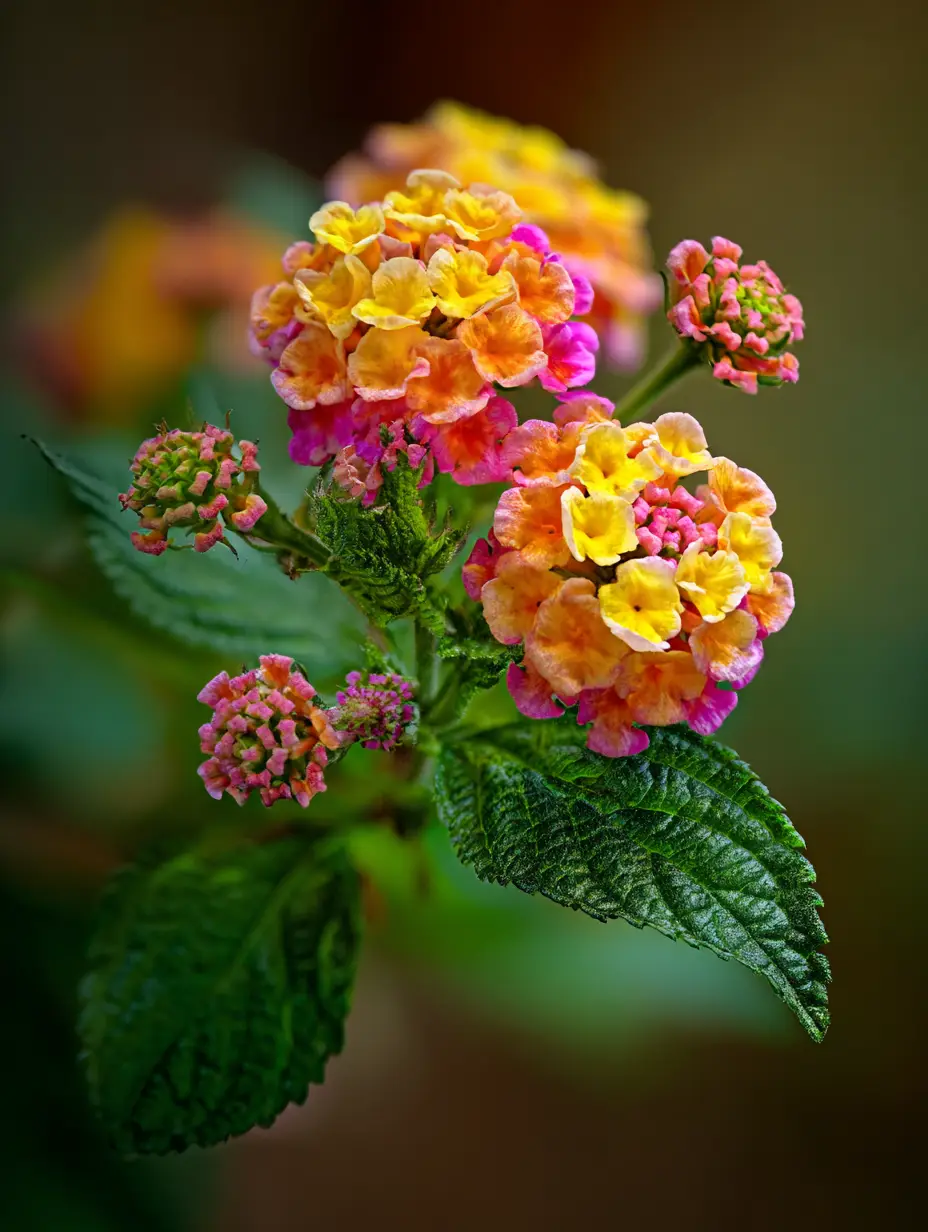 Lantana close-up, yellow-orange-pink clusters, textured leaves.