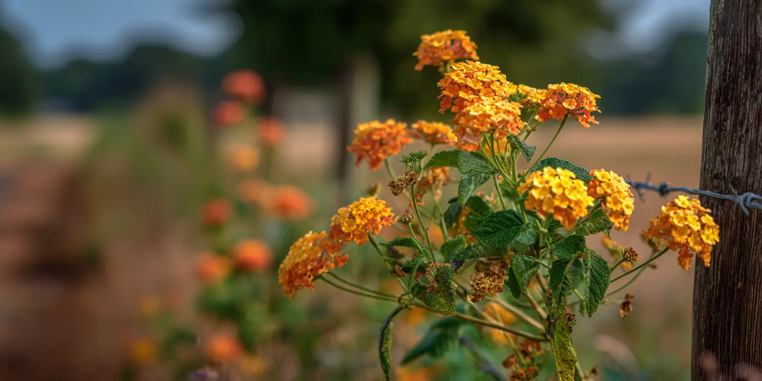 Roadside lantana, golden clusters by fence, countryside background.