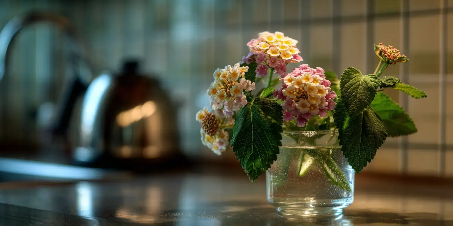 Lantana stems in glass jar, kitchen counter, soft light.