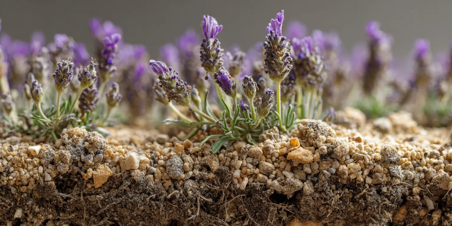 Lavender seedlings in gritty soil profile, close-up.