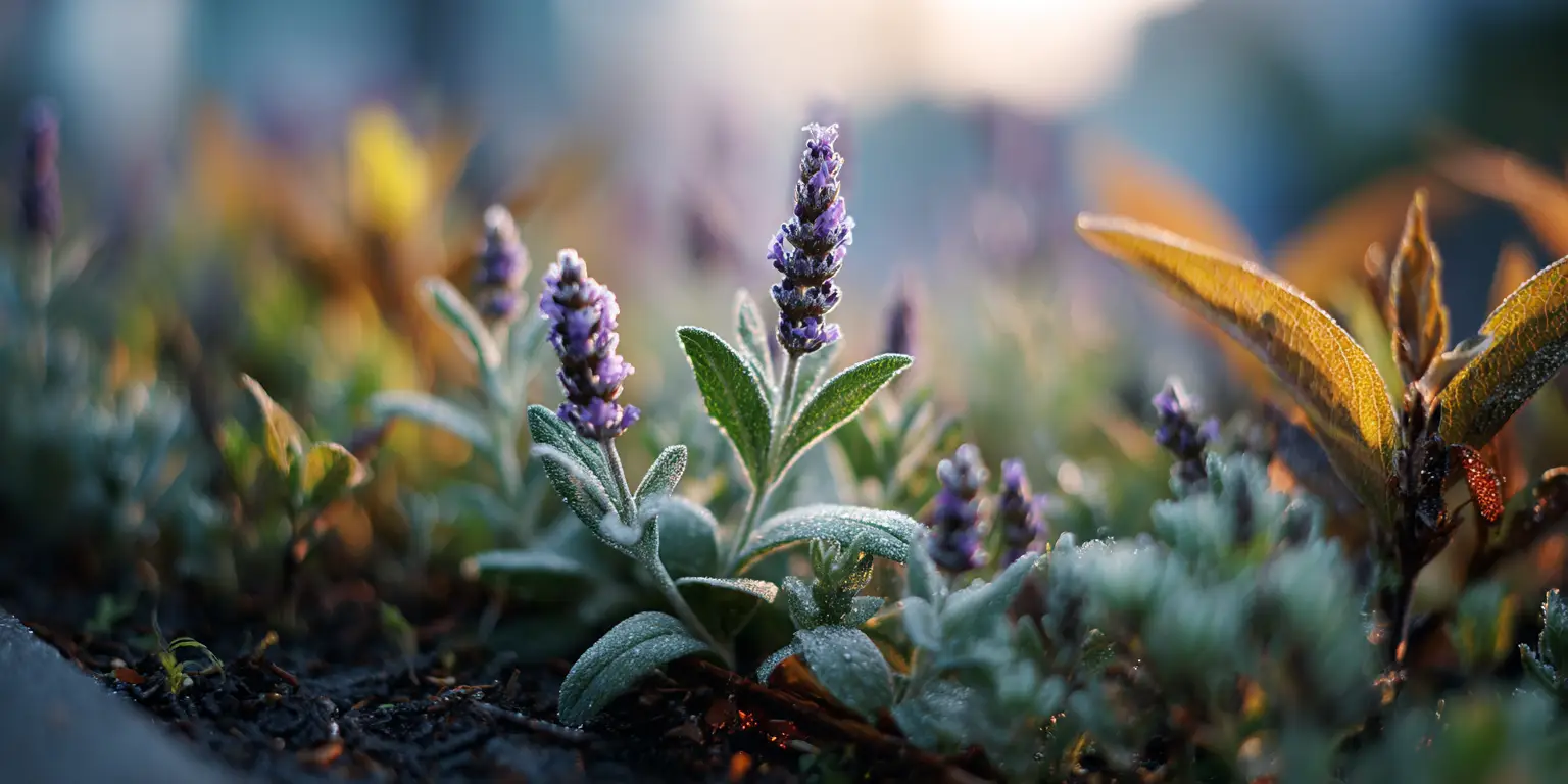 Frost-kissed lavender rosettes, morning dew, soft bokeh.