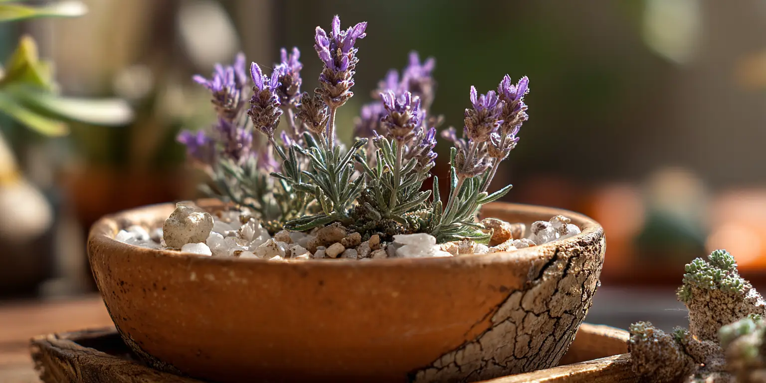 Dwarf lavender in terracotta bowl, gravel mulch.