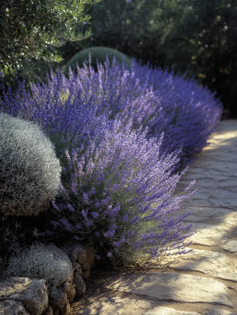 Lavender hedge along stone path, dense purple spikes.