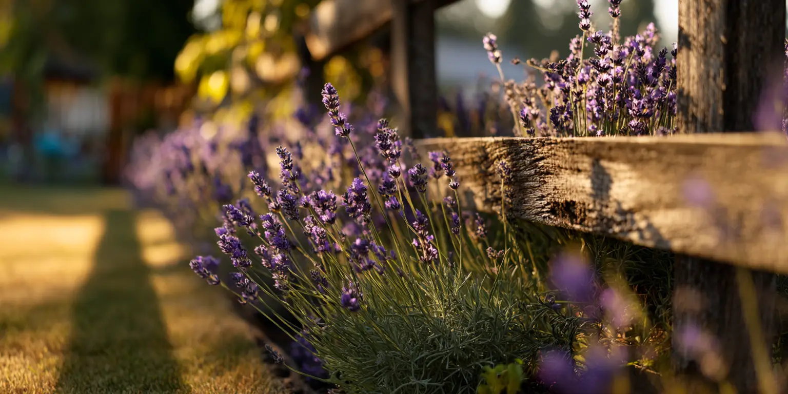 Lavender by rustic fence, evening glow, swaying stems.