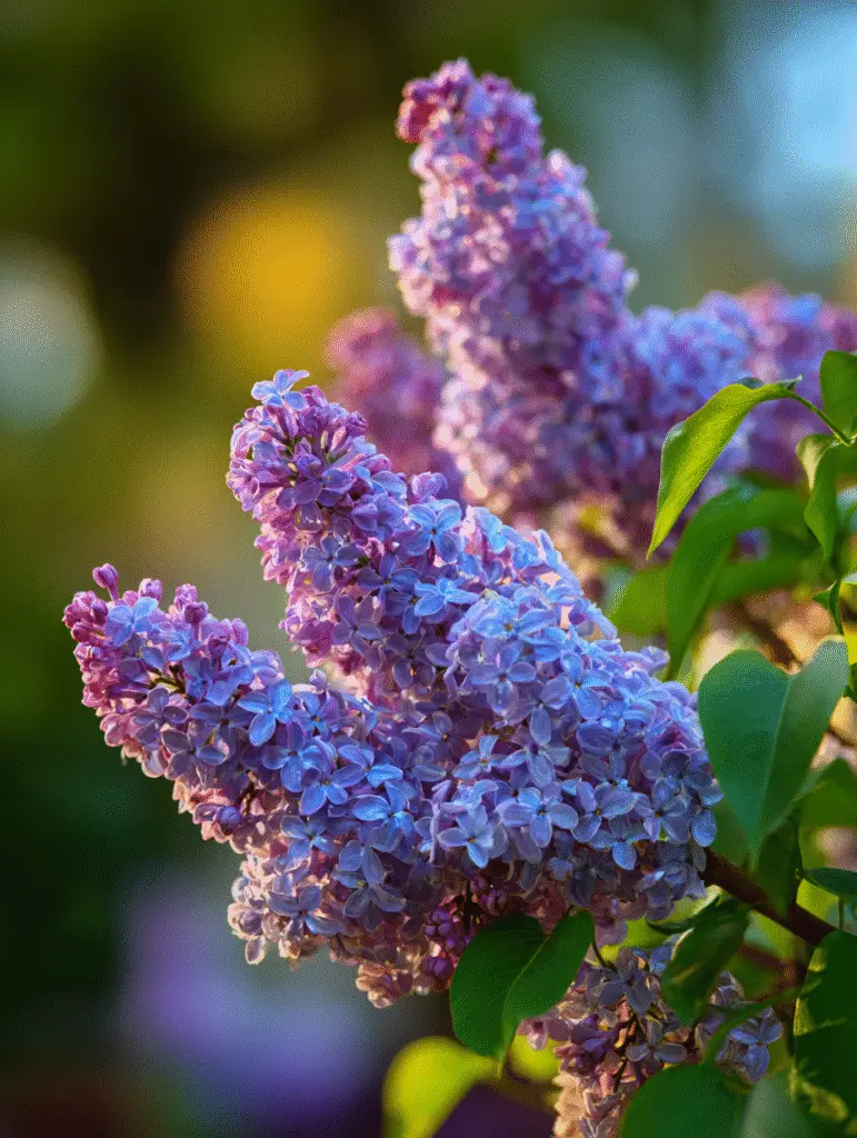 Lilac panicles, soft purple blooms, glossy green leaves.