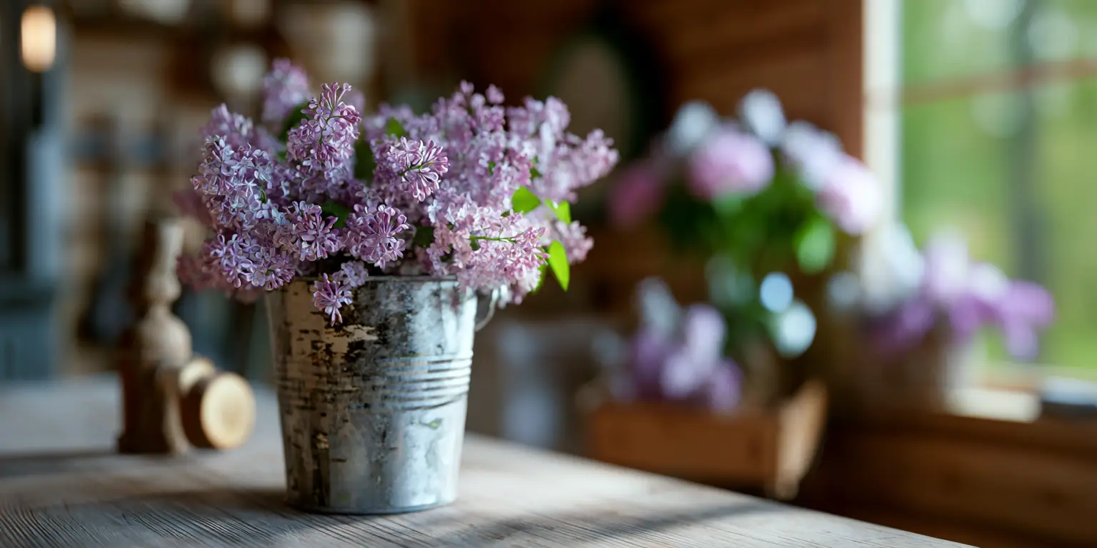 Cut lilacs in metal bucket, pastel blooms indoors.