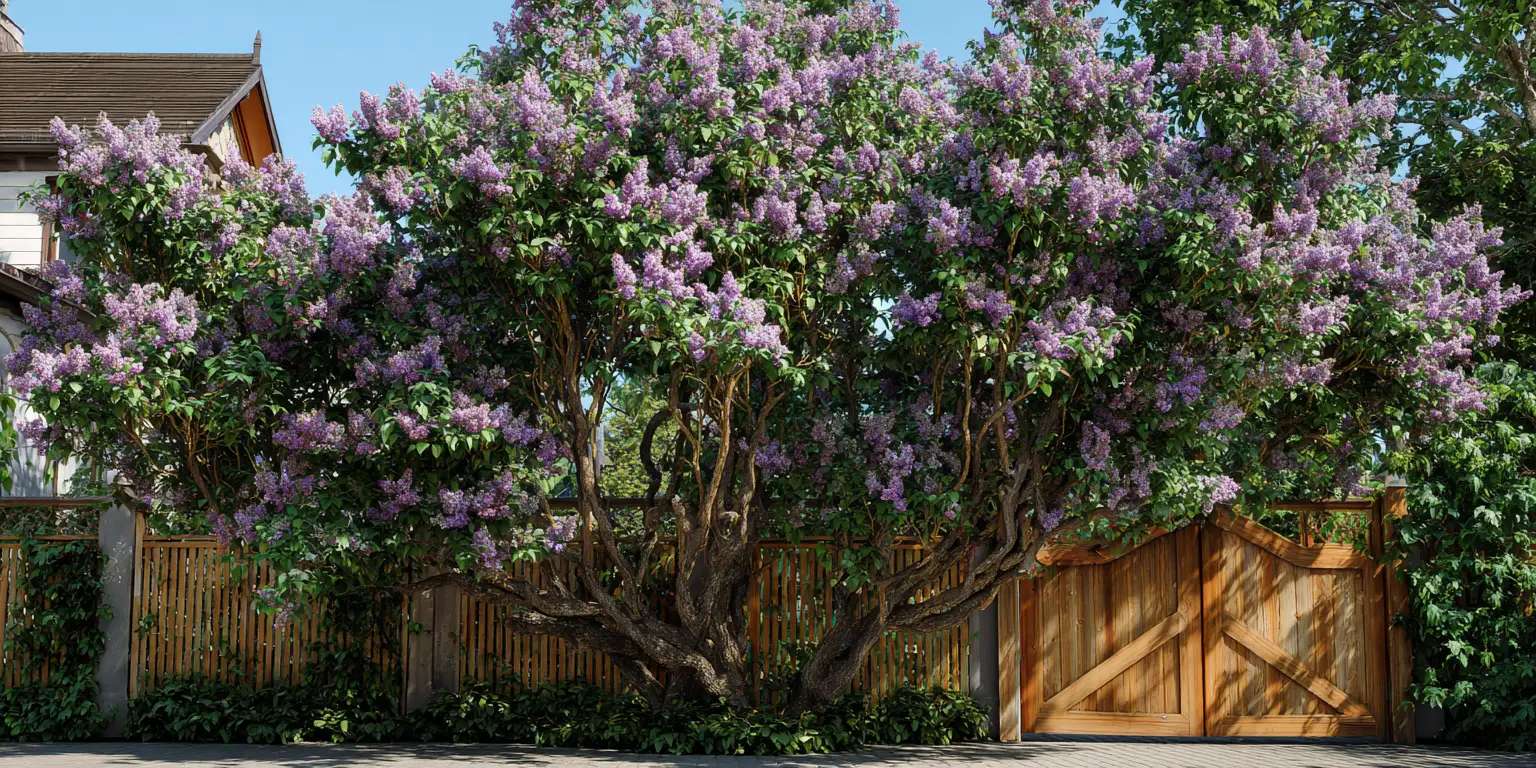 Mature lilac trees along fence, profuse lavender blossoms.