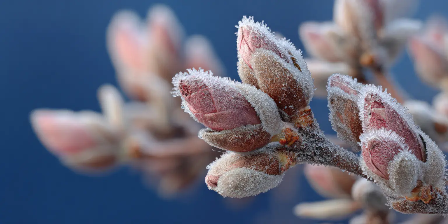 Frosted lilac buds, sparkling crystals, blue morning sky.
