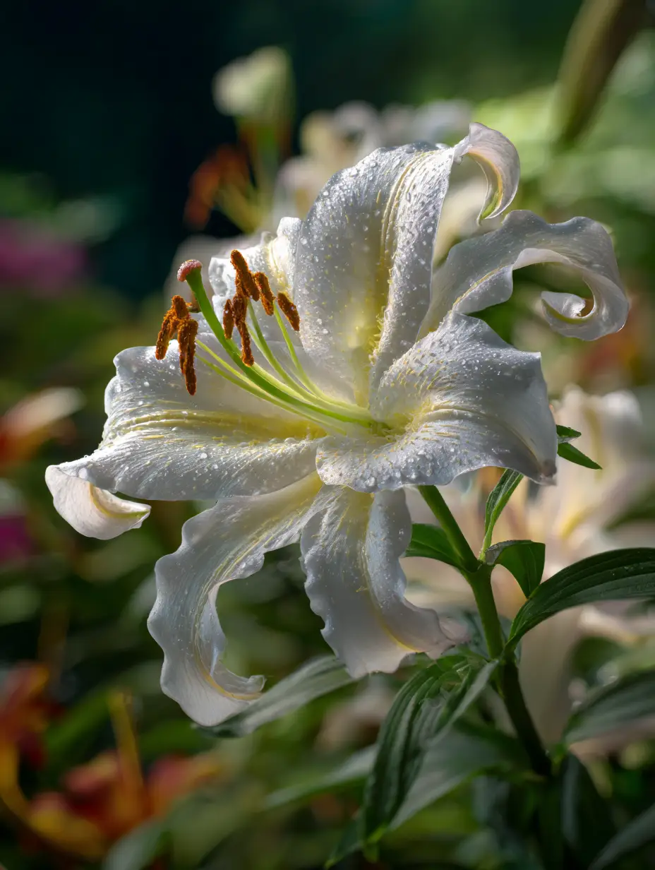 Oriental lily close-up, white ruffled petals with dewdrops.