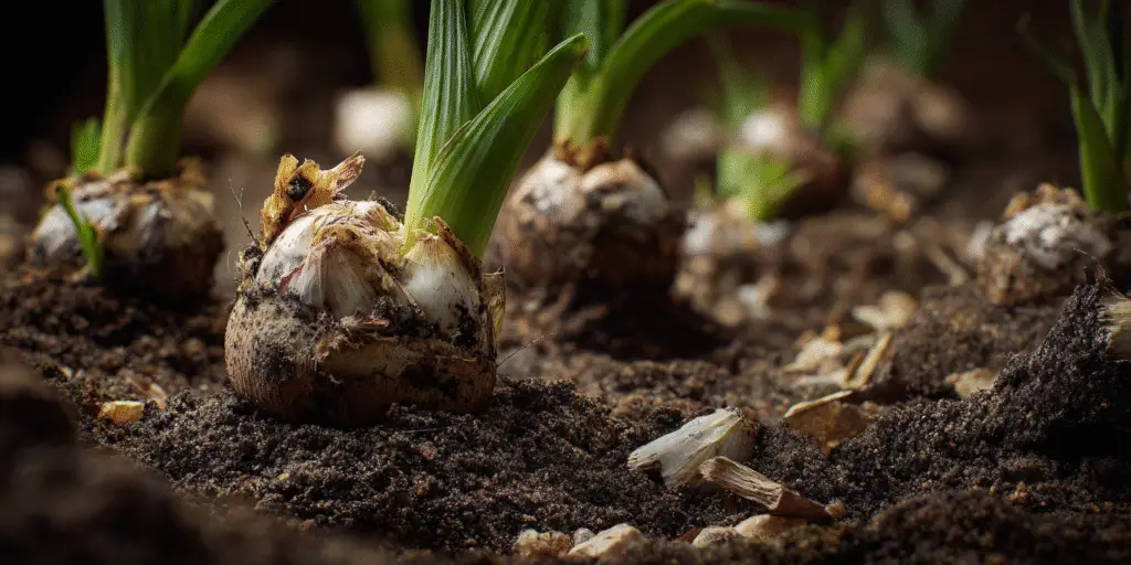 Lily bulbs sprouting in soil, fresh green shoots.