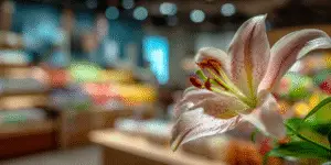 Pink and white spotted lily with long stamens, blurred flower shop interior behind