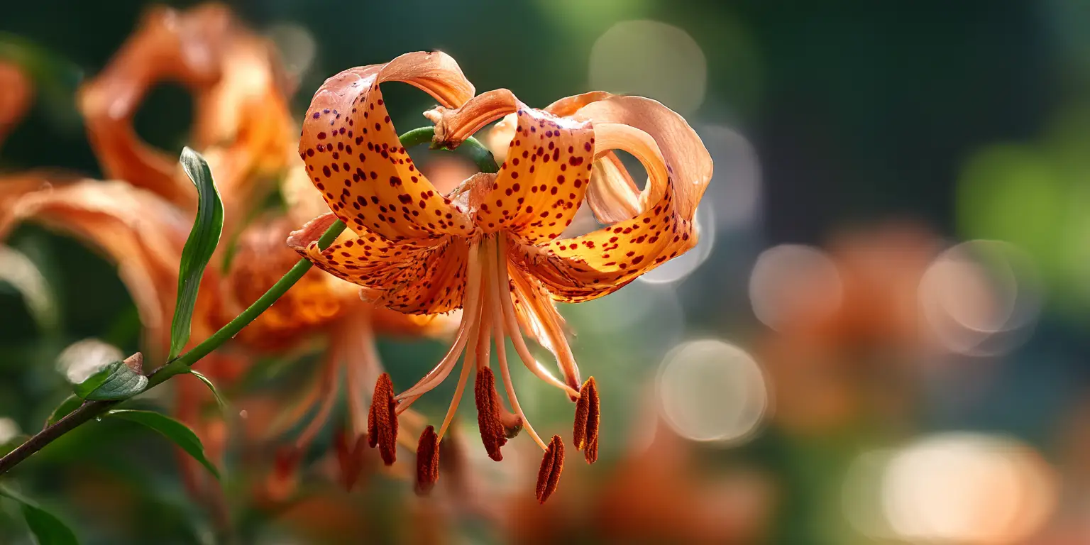 Tiger lily, orange recurved petals with dark spots.