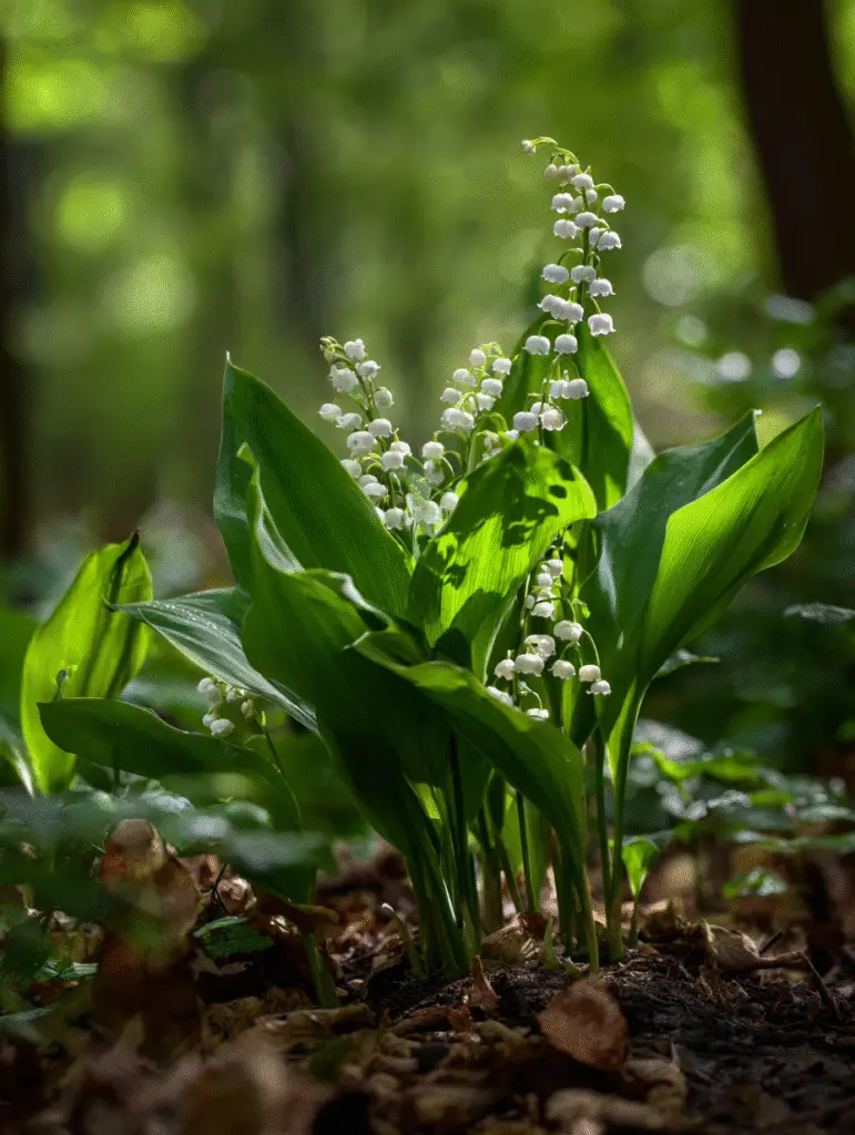 Lily of the valley clump, woodland light, glossy leaves.