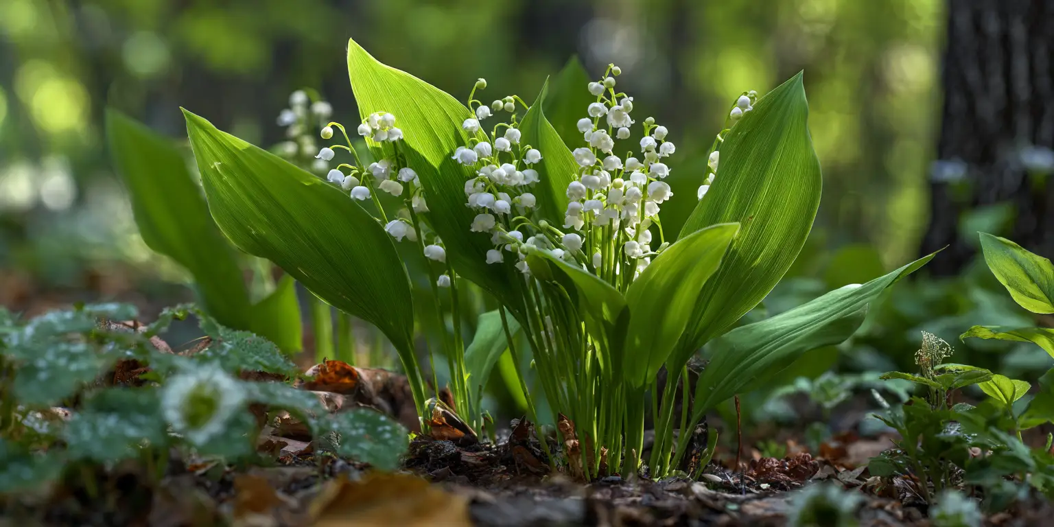 Lily of the valley, fresh green leaves, many bells.