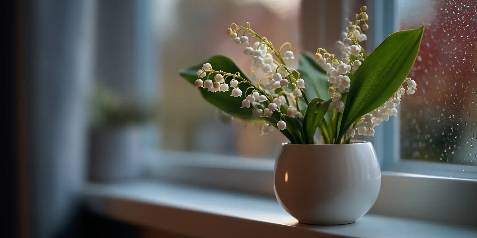 Lily of the valley in round pot, rainy windowsill.