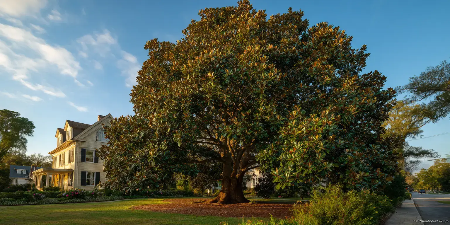 Southern magnolia specimen tree, sprawling canopy in suburb.
