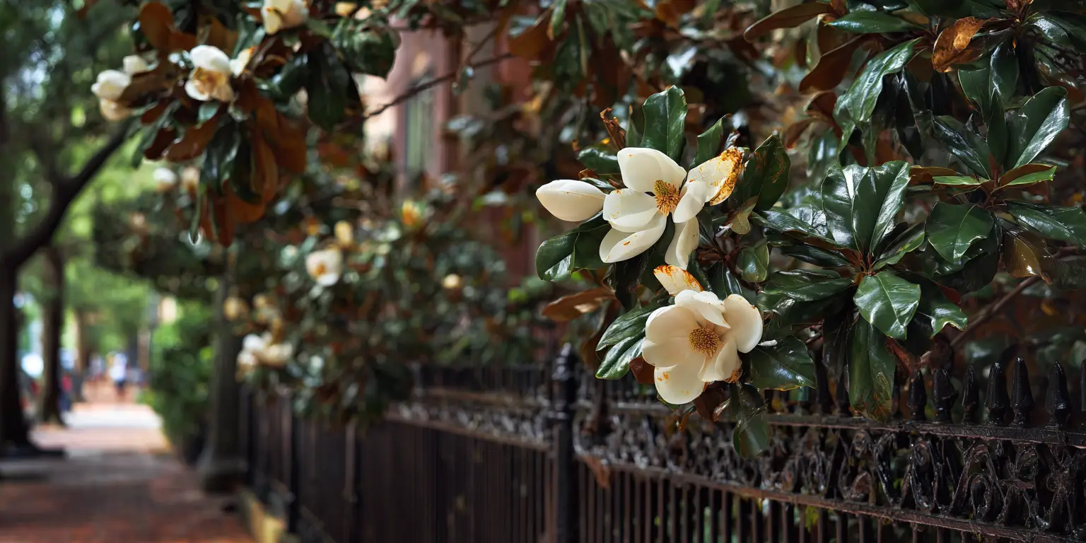 Southern magnolia blossoms along sidewalk, glossy evergreen leaves.