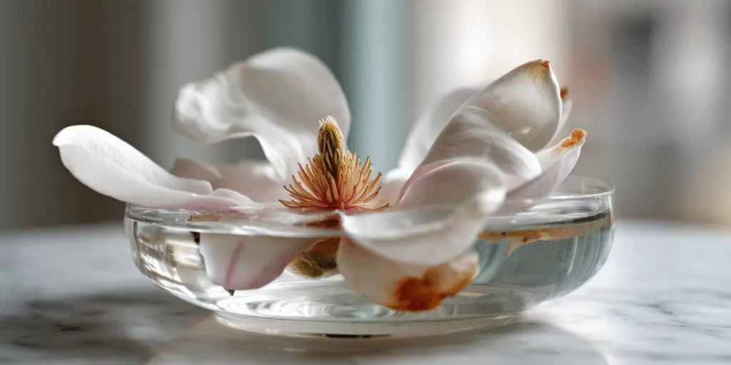 Magnolia flower floating in shallow bowl, creamy petals.