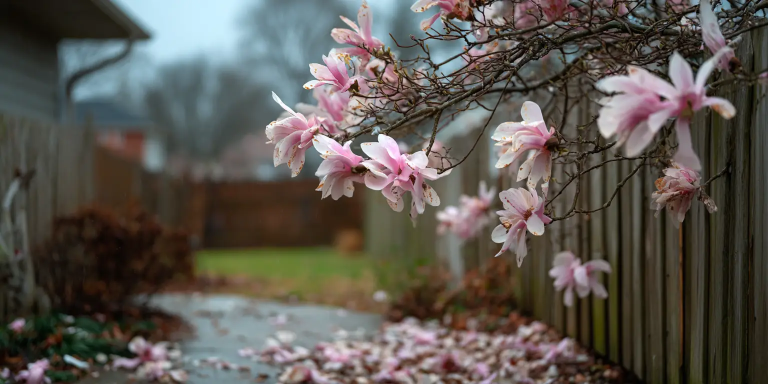 Star magnolia blooms over backyard fence, drizzly spring day.